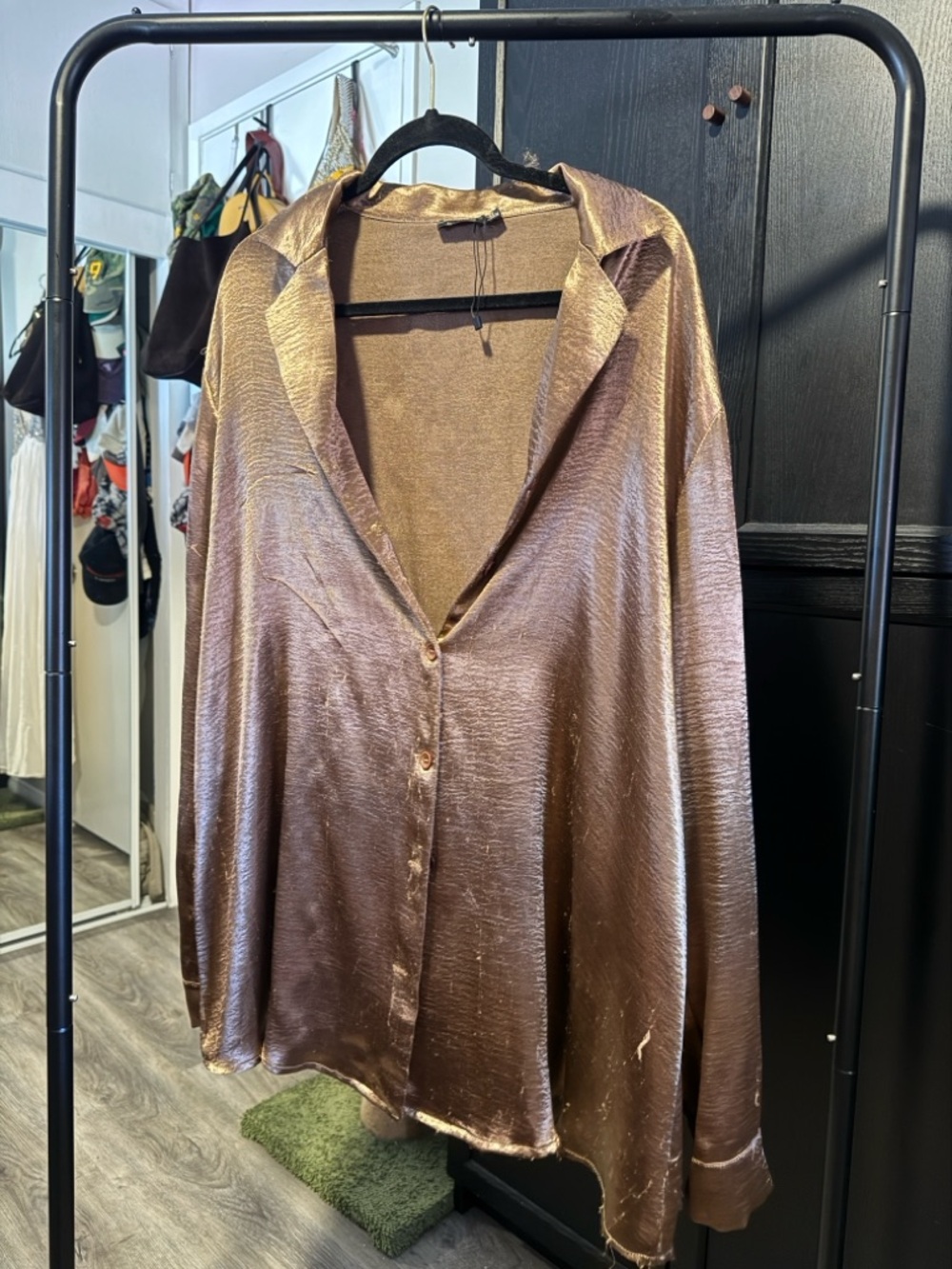 Boohoo Metallic Brown Satin Button-Down Shirt